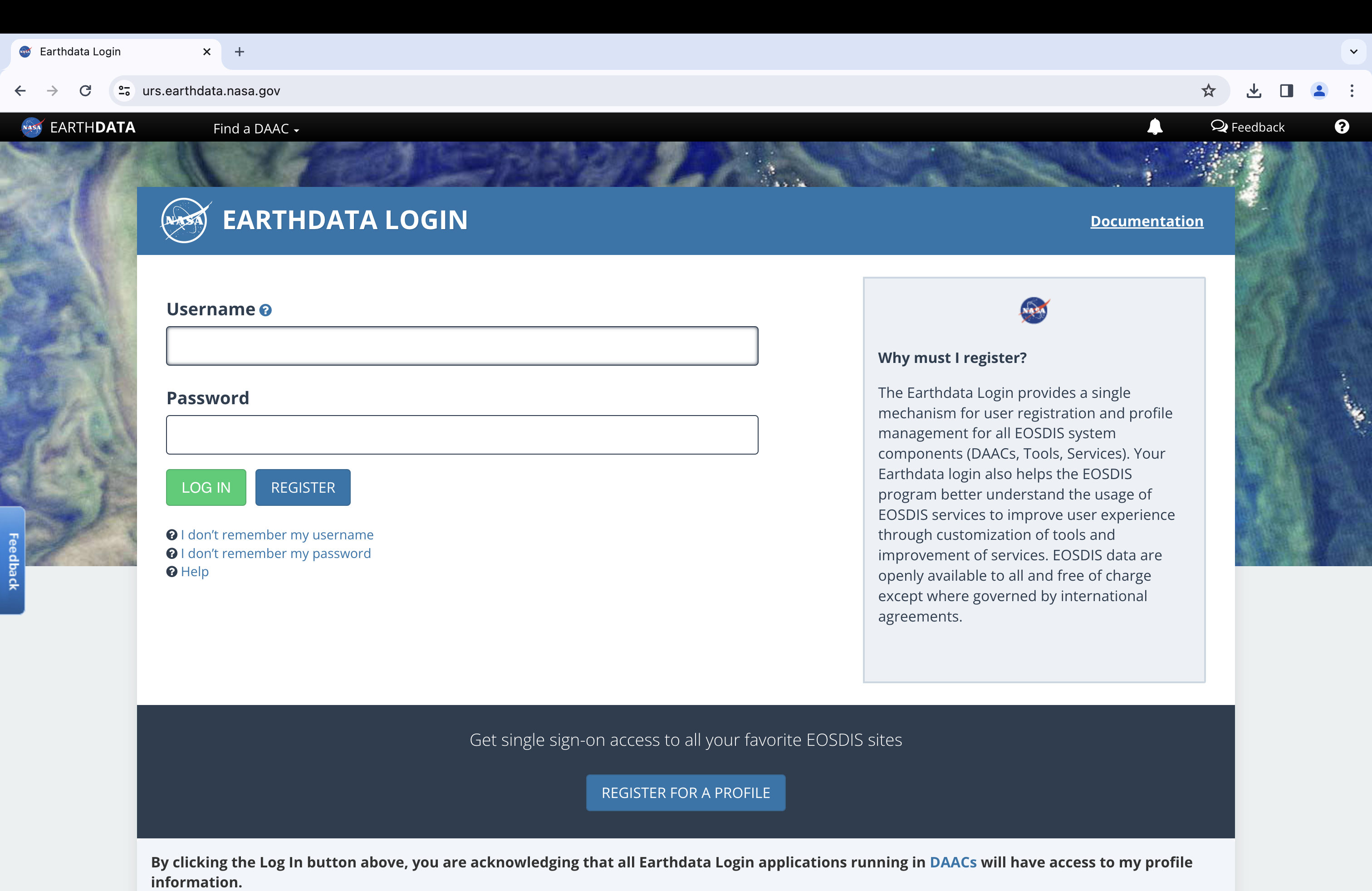 NASA EarthData Account Landing Page