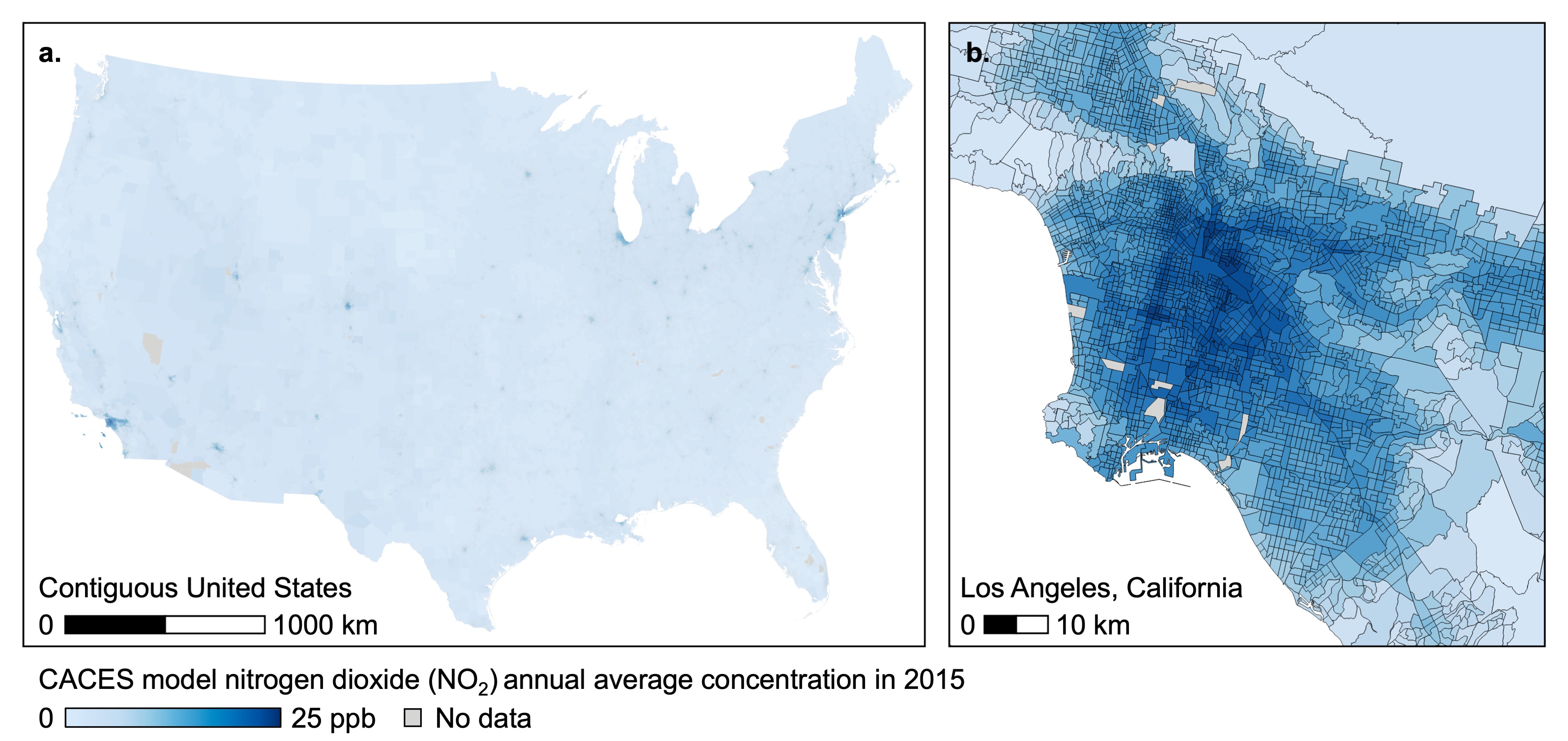 Illustration of CACES data (a) spatial coverage (contiguous United States) and (b) spatial scale (census tracts).