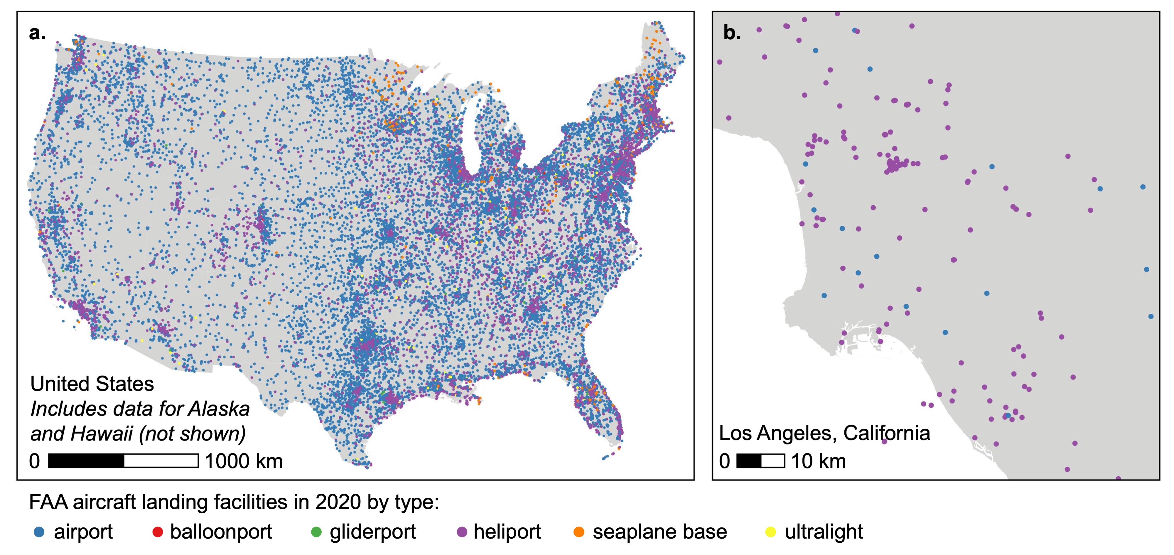 Illustration of FAA aircraft facility data (a) spatial coverage (United States, including Alaska and Hawaii (not shown)) and (b) spatial scale (points).