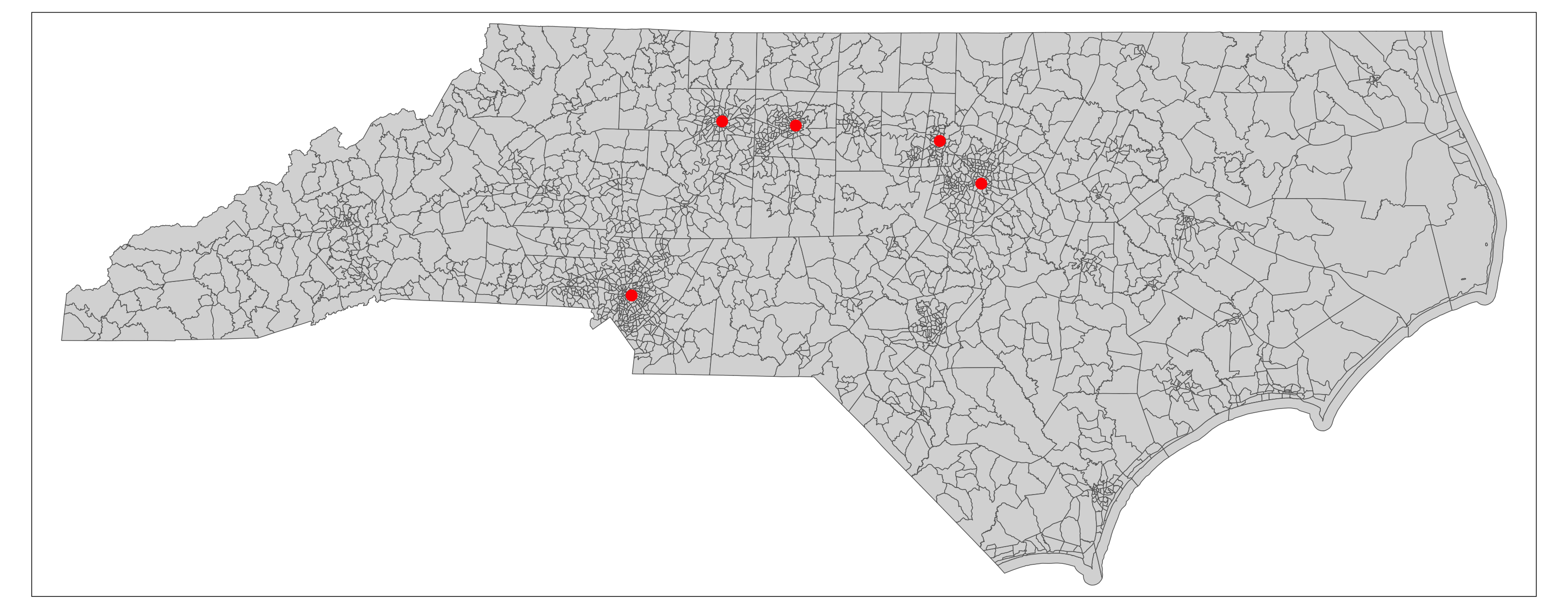 Census tracts in North Carolina in 2010 (grey) with sample geocoded addresses (red)