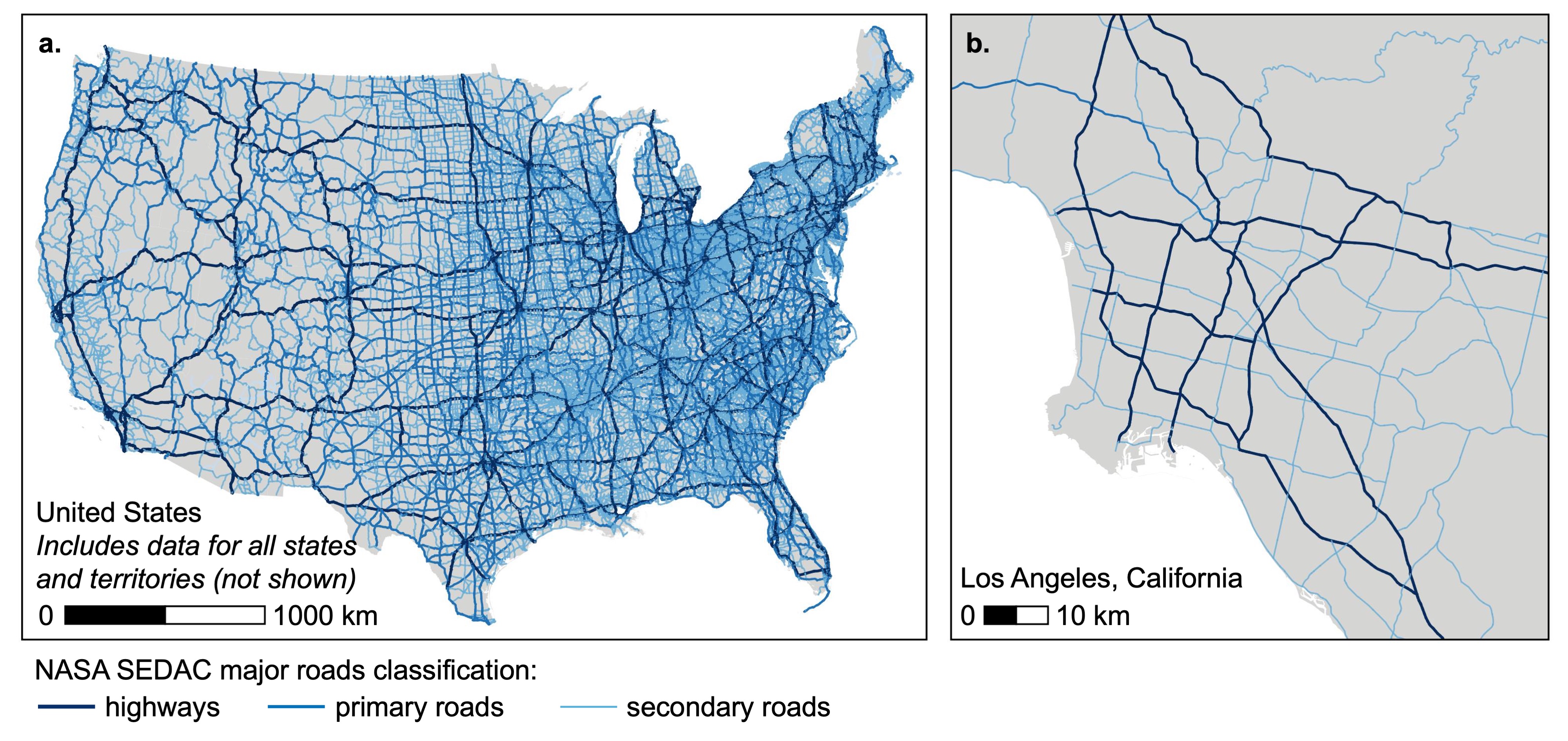 Illustration of NASA SEDAC major roads data (a) spatial coverage (United States, including Alaska, Hawaii, and US territories (not shown)) and (b) spatial scale (lines).